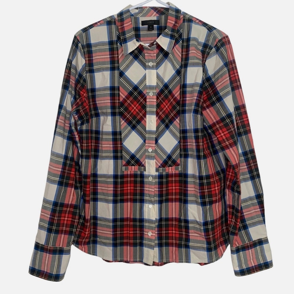 J. Crew Red White Classic Plaid Holiday Button-Up Blouse Size 4